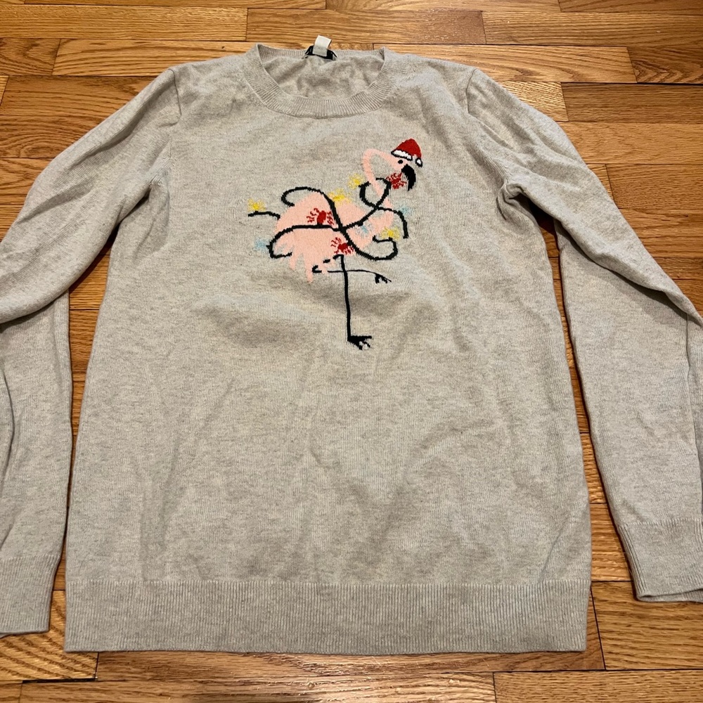 JCrew Teddie sweater Flamingo in Christmas lights